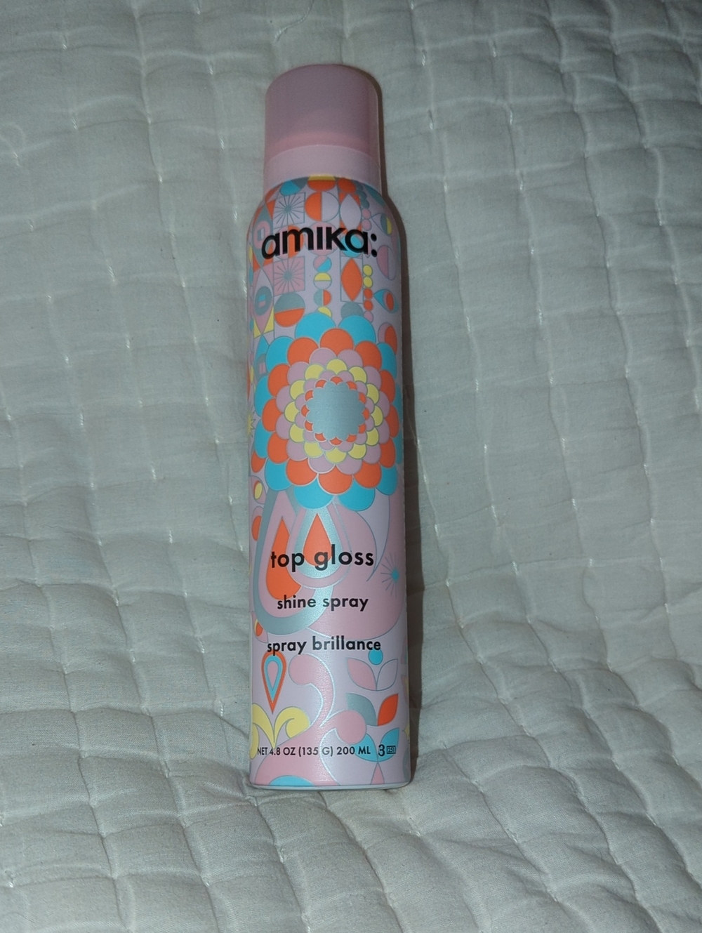 amika Top Gloss Shine Spray - Pink with Blue & Orange Design